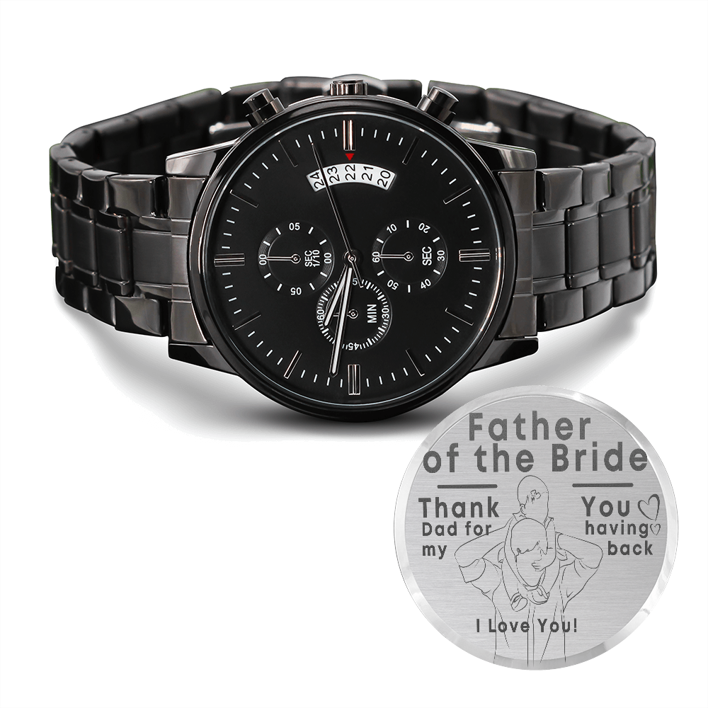 Father of the Bride Engraved Design Black Chronograph Watch
